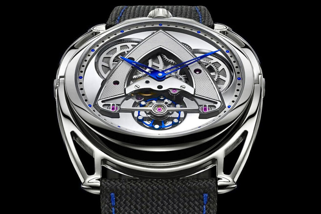 relógio metálico em fundo preto com mecanismo à vista De Bethune DB28xs Star Wheels