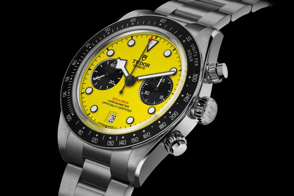 relógio em aço com mostrador amarelo e preto cronógrafo Black Bay Chronograph 39 'Bumblebee' | Foto: Tudor