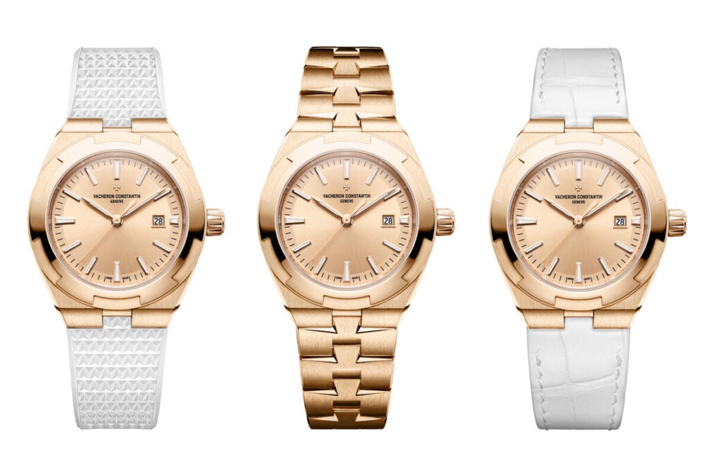 Vacheron Constantin Overseas Self-Winding 34,5 mm em ouro rosa 18 quilates, apresentado com três opções de bracelete: pulseira em borracha branca, bracelete integrada em ouro rosa e correia em pele branca.