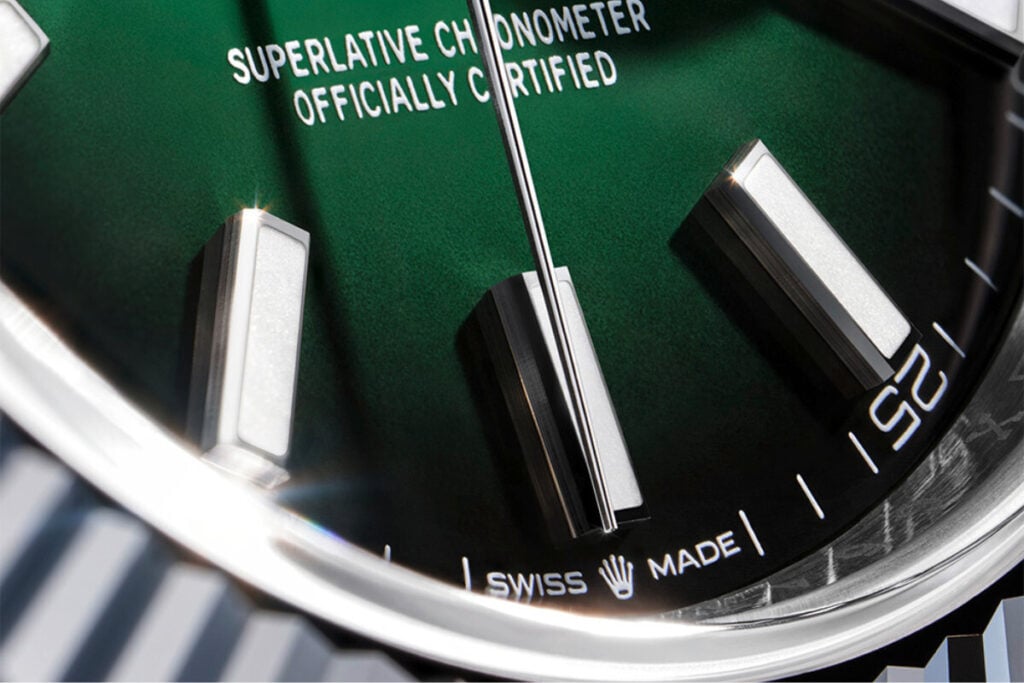 pormenor de mostrador do relógio Rolex Datejust Green Ombré | Foto: Rolex