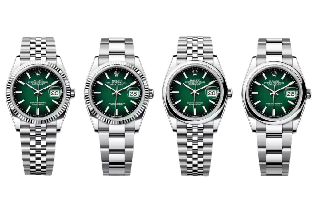 quatro variantes do relógio Rolex Datejust Green Ombré com bracelete metálica