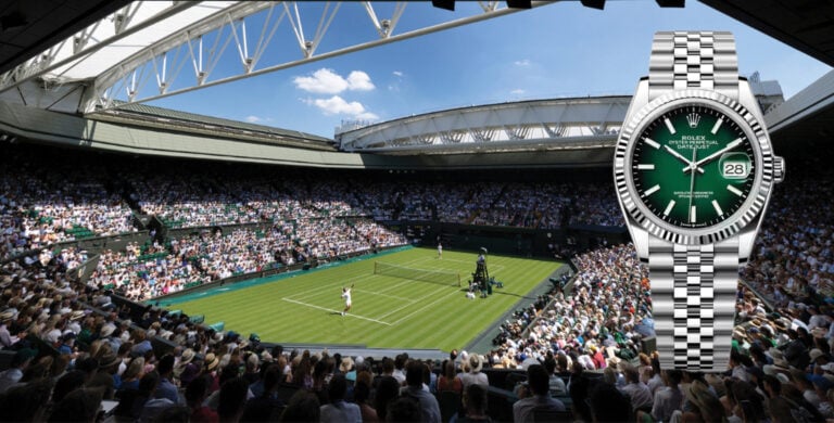 relógio Rolex Datejust Green Ombré com jogadores e pessoas no court central do torneio de ténis de Wimbledon | Foto AELTC e Rolex