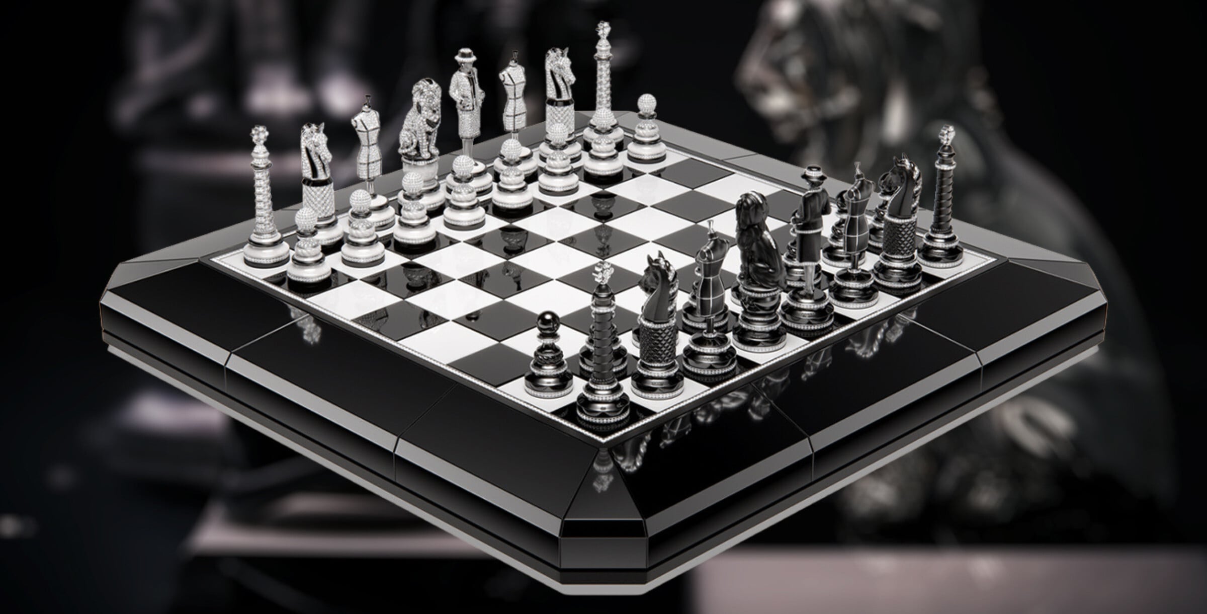 tabuleiro e peças xadrez Chanel Coco Game Chanel Chessboard | Foto: Chanel