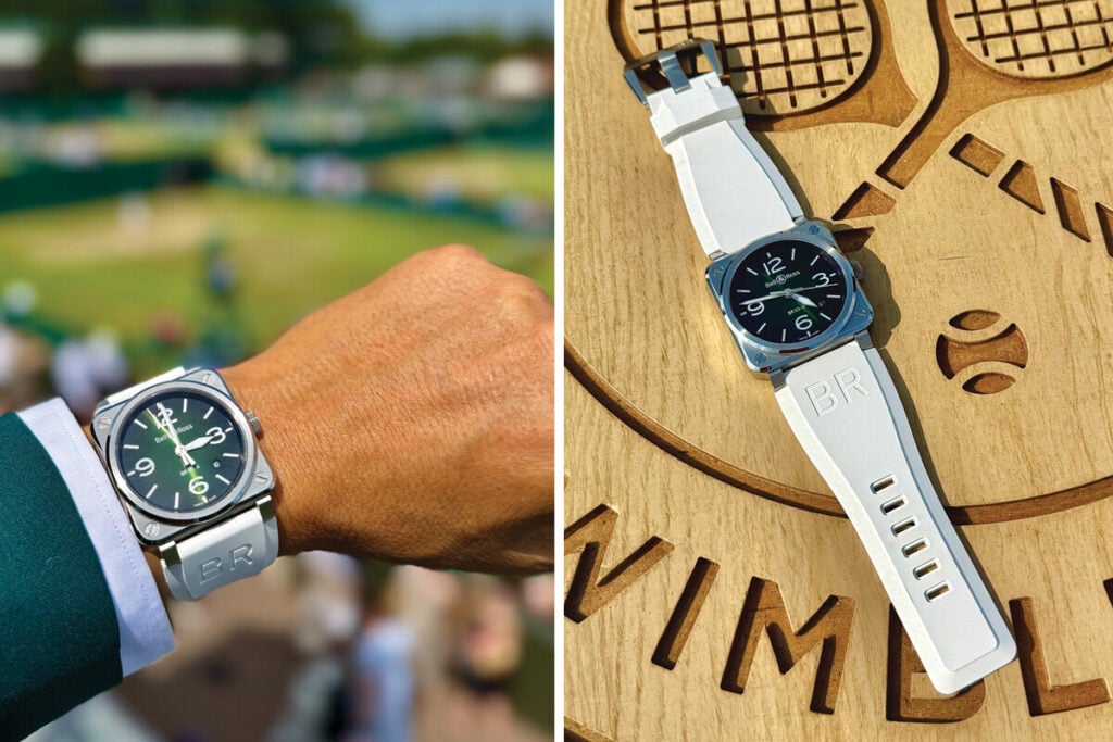 Composi&ccedil;&atilde;o de duas fotografias do Bell & Ross BR-03 White Steel: &agrave; esquerda, o rel&oacute;gio no pulso durante um jogo de t&eacute;nis; &agrave; direita, o rel&oacute;gio sobre uma superf&iacute;cie em madeira gravada com motivos de t&eacute;nis.