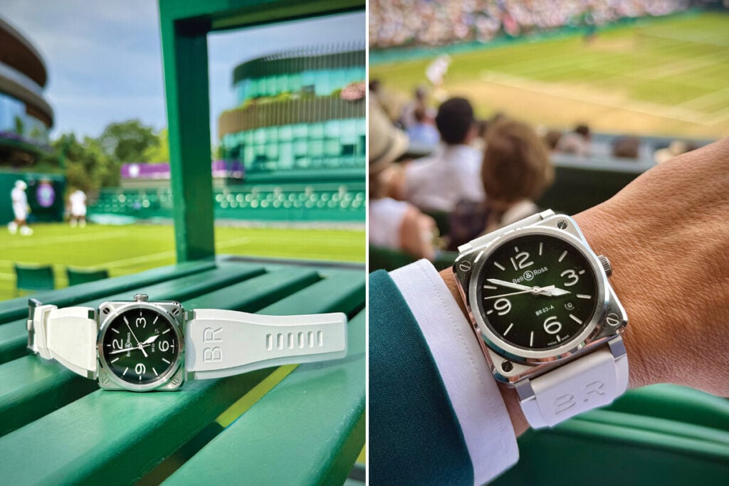 Composi&ccedil;&atilde;o de duas fotografias mostrando o rel&oacute;gio Bell & Ross BR 03 com mostrador verde e bracelete branca num banco de madeira e no pulso durante um jogo de t&eacute;nis.