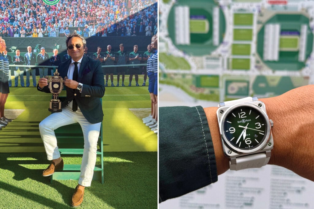 Homem elegante num painel fotogr&aacute;fico de Wimbledon a segurar o trof&eacute;u e plano em pormenor do seu rel&oacute;gio Bell & Ross BR 03 no pulso.